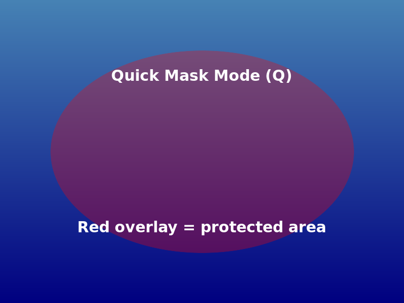 GIMP quick mask mode showing red overlay - the selected area is clear, protected area is red