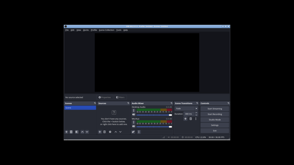 OBS Studio 30.2 interface showing default layout