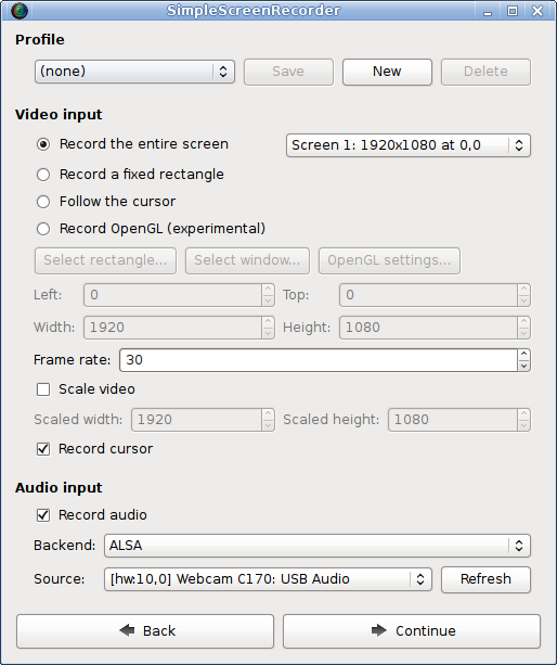 SimpleScreenRecorder screenshot showing the recording interface