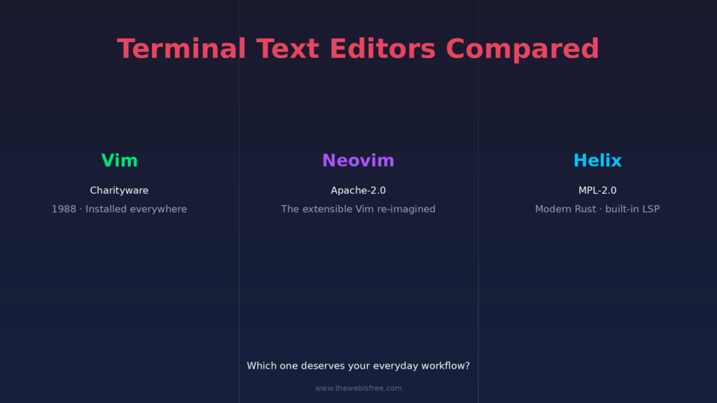 Vim vs Neovim vs Helix - Terminal Text Editors Compared