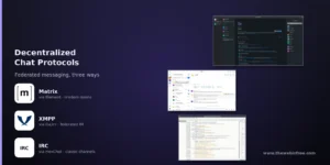 Matrix, XMPP and IRC: decentralized chat protocols compared, shown in Element, Gajim and HexChat