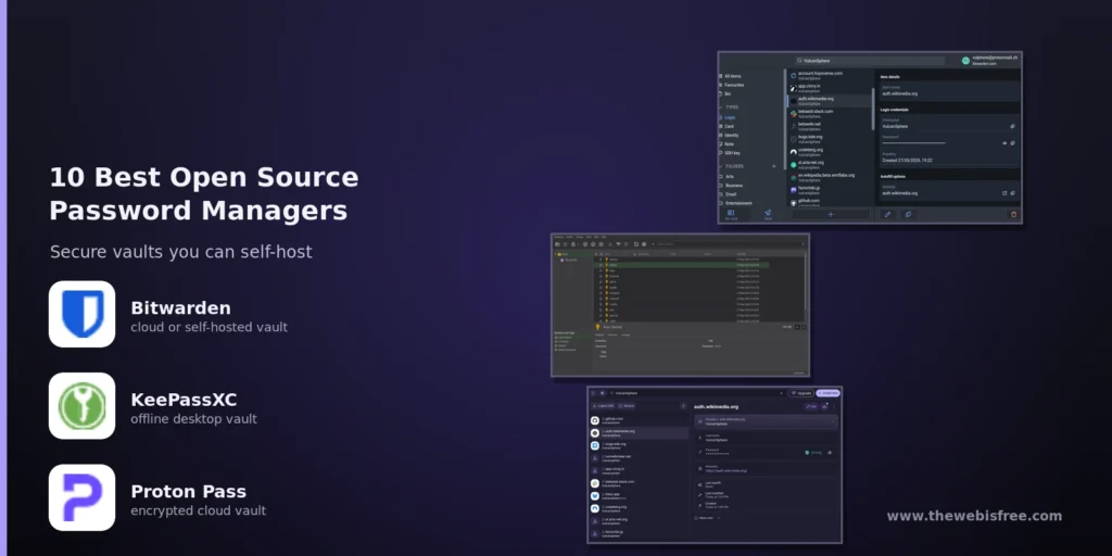 Bitwarden, KeePassXC and Proton Pass interfaces: open source password managers compared