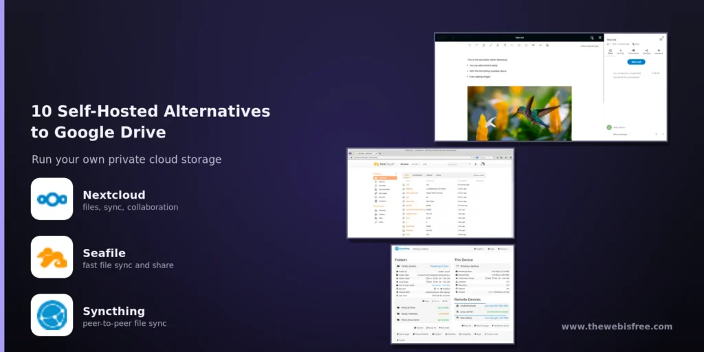 Nextcloud, Seafile and Syncthing interfaces: self-hosted Google Drive alternatives compared