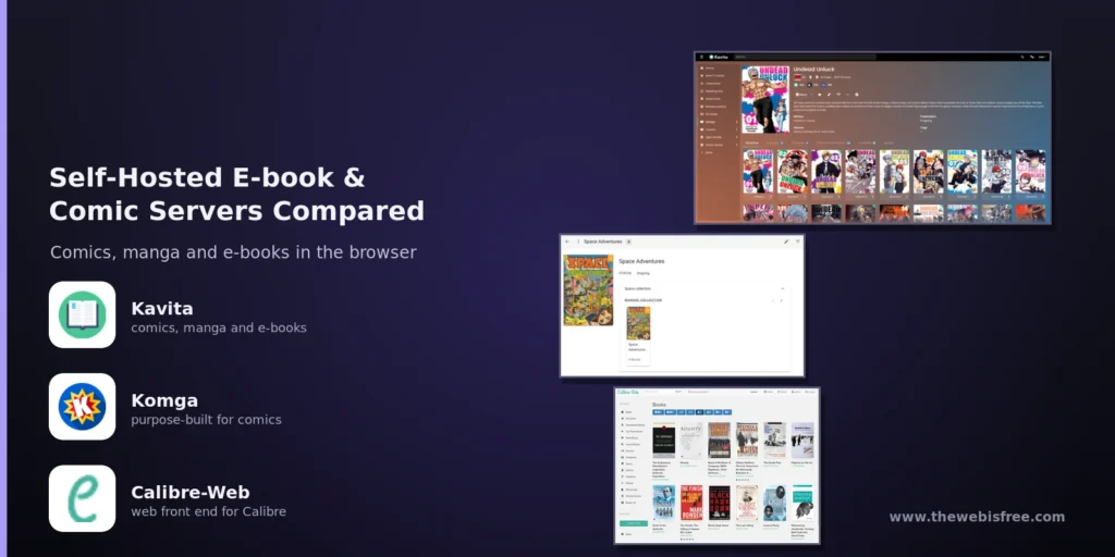Kavita, Komga and Calibre-Web interfaces: self-hosted e-book and comic servers compared